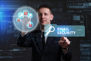 Business, Technology, Internet and network concept. Young businessman working on a virtual screen of the future and sees the inscription: Еmail security