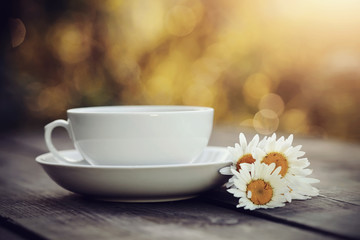 Cup and a bouquet of field camomiles on a table.