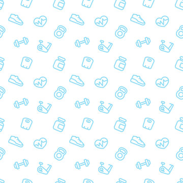 fitness pattern, seamless background with blue fitness icons on white, vector illustration