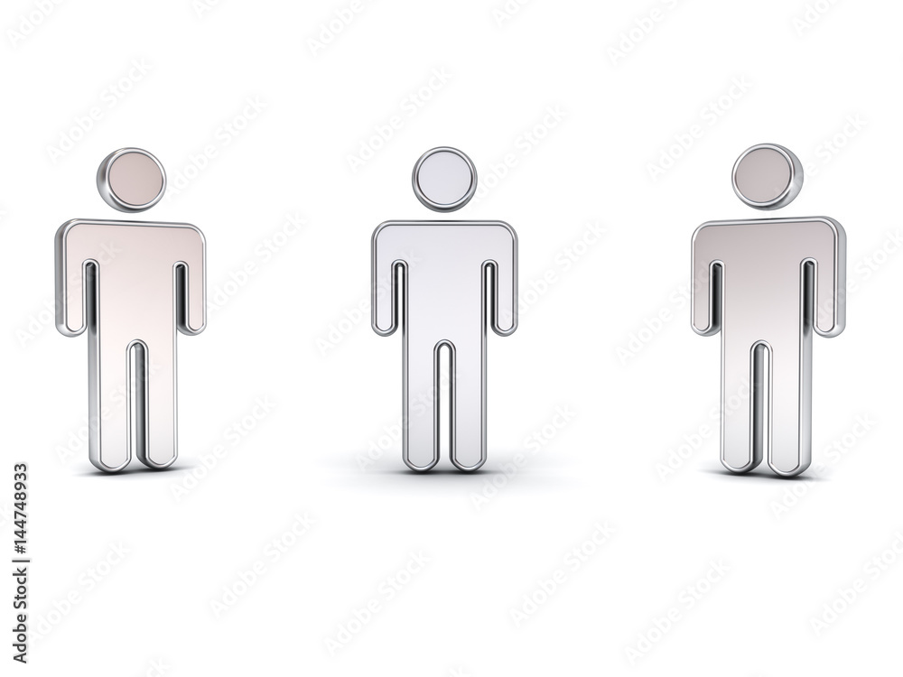 Leinwandbilder metal 3d man symbol with three different view angles isolated on white background. 3d rendering.