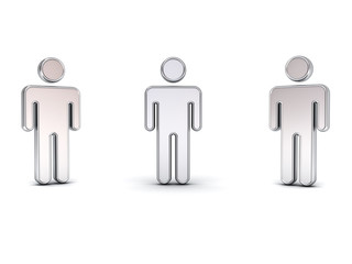 Metal 3d man symbol with three different view angles isolated on white background. 3D rendering.