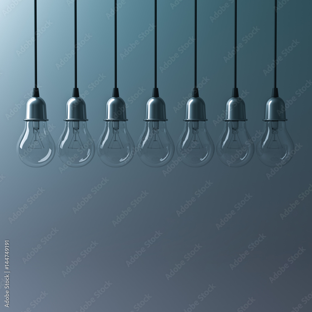 Poster abstract hanging light bulbs on dark green background with blank space , creative idea concept. 3d r