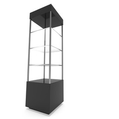 Empty showcase with glass shelves for exhibit. 3D render illustration isolated on white background. Trade show booth black pedestal for expo design.