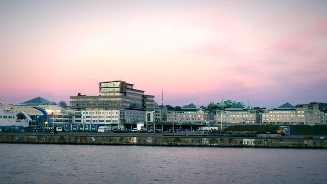 Harbor terminal buildings at dusk. Helsingborg, Sweden