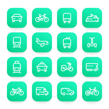 Transport line icons set, ship, train, airplane, bike, car, motorbike, bus, taxi, trolleybus, subway, air and maritime transportation