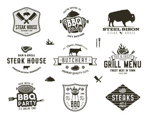 Set of vintage steak house, bbq party, barbecue grill badges, labels. Retro typography hand drawn style. Butcher logo design with letterpress effect.Vector illustration isolated on white background