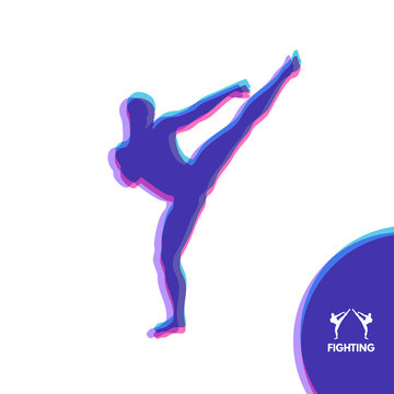 Kickbox fighter preparing to execute a high kick. Silhouette of a fighting man. Design template for Sport. Emblem for training. Vector Illustration.
