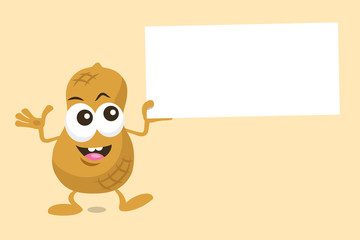 Fototapeta premium Illustration of cute peanut mascot with offer label in his hand. Isolated on light background.