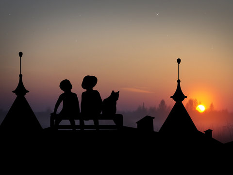 Children and the cat sitting on the roofs of houses. Night silhouettes