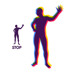 Vector man with hand up to stop. Human showing stop gesture. Silhouette of a standing man. Vector illustration.