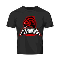 Furious piranha sport vector logo concept isolated on black t-shirt mockup.
