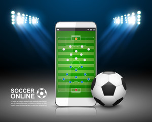 Soccer Online Concept, Soccer field on smartphone , vector illustration