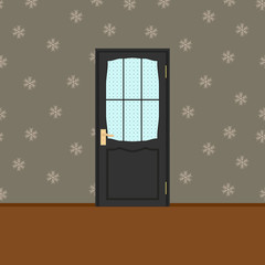 Vector Wood Closed Door with Frame Isolated on Snowflake seamless Background