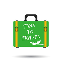 Suitcase flat vector illustration on white background. Time to travel case for tourism, journey, trip, tour, voyage, summer vacation.