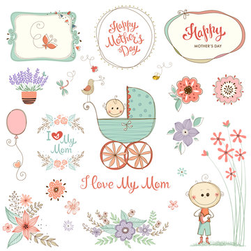Mother's Day set with typographic design elements. Flowers, branches, wreath and frames, floral bouquets, plant pot, baby carriage and little boy. Vector illustration.
