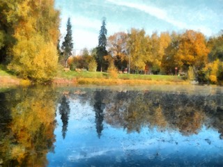 Bright yellow autumn park . with reflected trees in pond. Watercolor