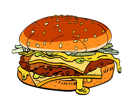Cartoon image of tasty burger. An artistic freehand picture.