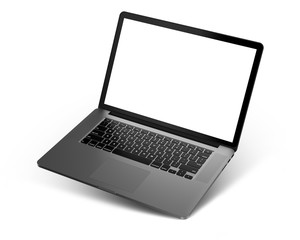 Laptop with blank screen isolated on white background, dark aluminium body. Whole in focus. High detailed, resolution image.