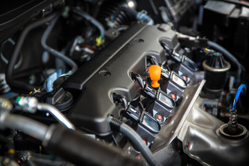 Powerful engine of a car. Internal design of engine with combustion and valve in dark tone - obrazy, fototapety, plakaty