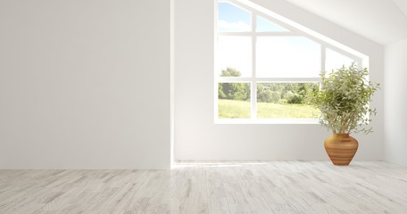 White empty room with summer landscape in window. Scandinavian interior design. 3D illustration