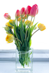 Rote und gelbe Tulpen in einer Glasvase