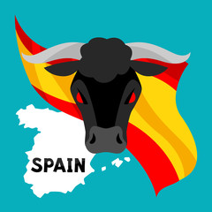Traditional spanish corrida. Bull on background flag and map of Spain