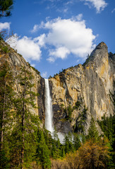 waterfall with trees, sky, clouds