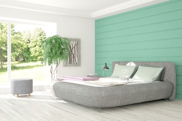 White bedroom with green landscape in window. Scandinavian interior design. 3D illustration