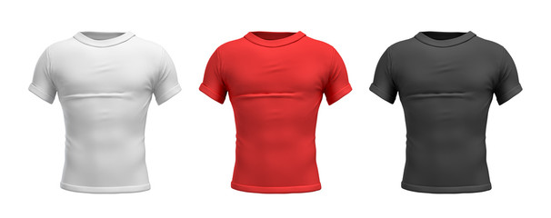 3d rendering of three male T-shirts in realistic slim torso front view in white, red and black colors.