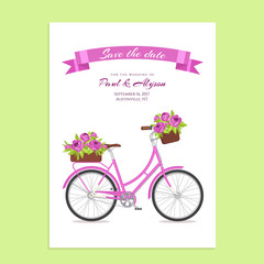 Purple retro bicycle with bouquet in floral basket and box on trunk for wedding, congatulation banner, invite, card