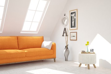 White modern room with sofa. Scandinavian interior design. 3D illustration