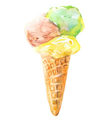 Three pale color ice-cream in a waffle cone on white background. Watercolor illustration