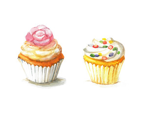 Watercolor hand drawn cupcakes perfect for invitations, cards, dinners and menu templates. - 144761196