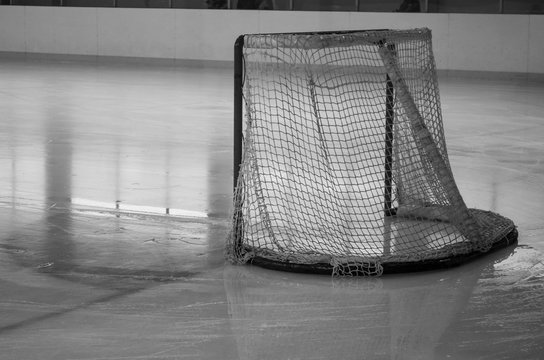 hockey goal on ice, rear view