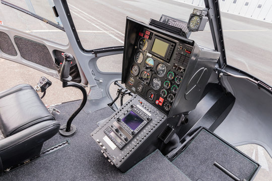 Cockpit helicopter - Instruments panel. Interior of helicopter control dashboard, Heli on the ground.