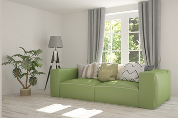 White room with sofa and green landscape in window. Scandinavian interior design. 3D illustration