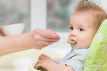 grandmother gives baby food from a spoon