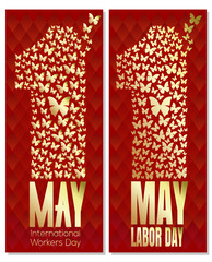 May Day. 1 May. International Labor Day. International Workers Day. Number one consisting of flying butterflies. Set flyer template for Labor Day