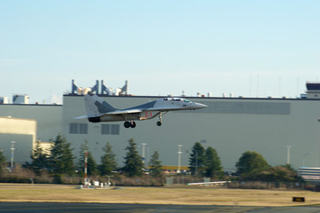 EVERETT, WASHINGTON, USA - JAN 26th, 2017: A MiG-29UB during a low pass athe Boeing factory site at...