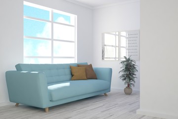 White modern room with sofa. Scandinavian interior design. 3D illustration