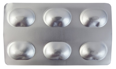 Silver foil blister pack medications. Isolated.