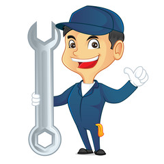 Mechanic holding tool and smiling