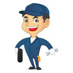 Mechanic holding tire and tool