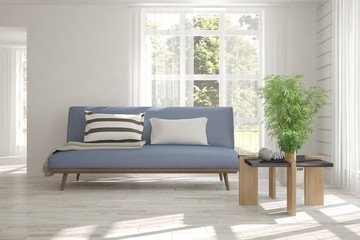 White room with sofa and green landscape in window. Scandinavian interior design. 3D illustration