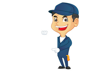 Mechanic pointing on blank sign