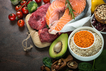 Balanced diet. Organic food for healthy nutrition. Healthy food cooking ingredients.