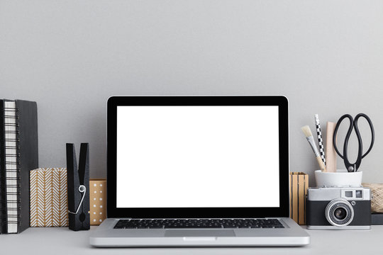 Notebook, macbook, screen template on a stylish desk. Mock up