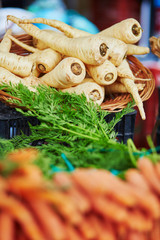 Fresh organic parsnip on farmers market
