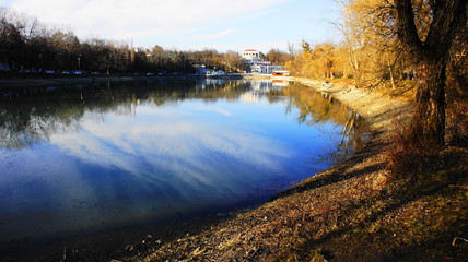 Lake in the park in the spring. Favorite place of Nalchik citizens for walks and rest in the resort area of the city.