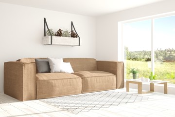 White room with sofa and green landscape in window. Scandinavian interior design. 3D illustration